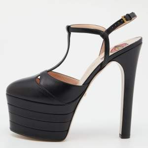 Gucci Black Leather Angel Platforms T-Strap Sandals Size 37.5