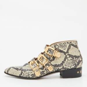 Pre Owned Gucci Beige/Black Snakeskin Effect Leather Ankle Boots Size 38