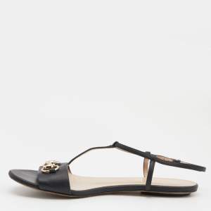 Gucci Black Leather Horsebit T-Strap Flat Sandals Size 38