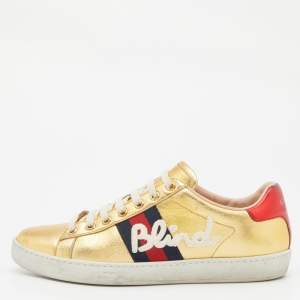 Gucci Gold Leather Embroidered Blind For Love Ace Sneakers Size 37