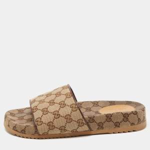 Gucci Brown GG Canvas Flat Slides Size 39