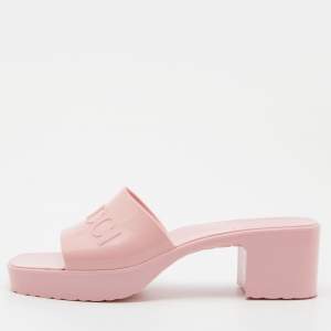 Gucci Pink Rubber Slide Block Heel Sandals Size 38