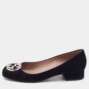 Gucci Black Suede Crystal Embellished Interlocking G Pumps Size 38.5