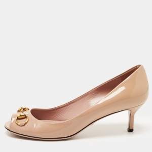 Pre Owned Gucci Beige Patent Leather Jolene Horsebit Peep Toe Pumps Size 38