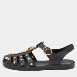 Gucci Black Rubber GG Marmont Crystal Embellishments Caged Flat Sandals Size 39