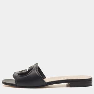 Pre Owned Gucci Black Leather Interlocking G Cut Out Flat Slides Size 36