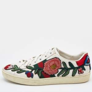 Gucci White Floral Embroidered Leather Ace Low Top Sneakers Size 36.5