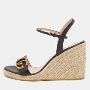 Gucci Black Leather Double G Wedge Espadrille Ankle Strap Sandals Size 36