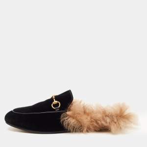 Pre Owned Gucci Black Velvet and Fur Princetown Flat Mules Size 38
