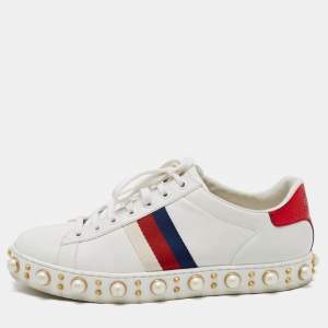 Gucci White Leather Ace Pearl Embellished Web Low Top Sneakers Size 39