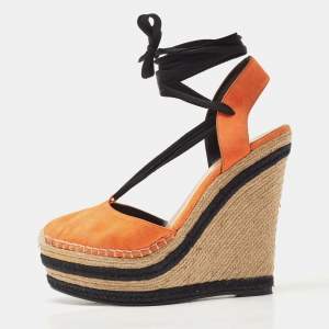 Gucci Orange/Black Suede Wedge Espadrille Platform Ankle Wrap Sandals Size 39
