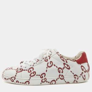 Pre Owned Gucci White/Red GG Print Leather Ace Low-Top Sneakers Size 37