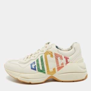 Gucci Cream Leather Glitter Logo Rhyton Sneakers Size 35.5