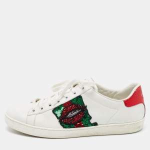 Gucci White Leather Embellished Lip Ace Sneakers Size 40