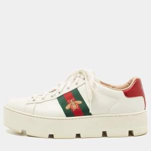 Gucci White Leather Bee Ace Platform Low Top Sneakers Size 37.5