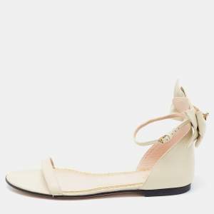 Gucci Cream Leather Embellished Bee Bow Ankle Strap Flat Sandals Size 41