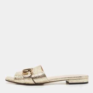 Gucci Gold Crinkled Leather GG Marmont Flat Slides Size 40