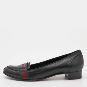 Gucci Black Leather Web Ballet Flats Size 37.5