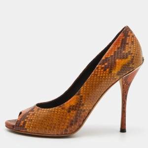 Pre Owned Gucci Two Tone Brown Python Peep Toe Platform Pumps Size 40