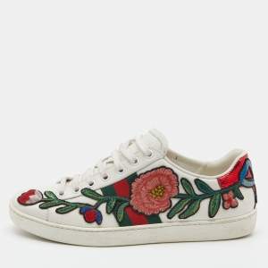 Gucci White Floral Embroidered Leather Ace Low Top Sneakers Size 37