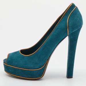 Pre Owned Gucci Teal Blue Suede Peep Toe Platform Pumps Size 39