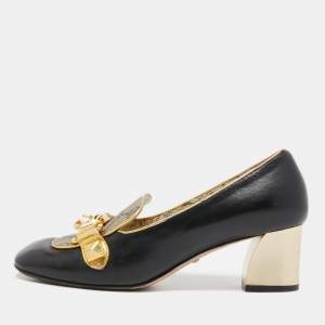 Pre Owned Gucci Black Leather and GG Coated Canvas Malaga Kid Loafer Pumps Size 36