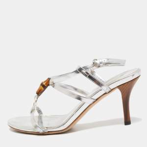 Gucci Silver Leather Bamboo Tassel Open Toe Ankle Strap Sandals Size 36