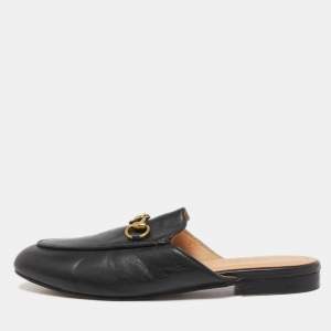Pre Owned Gucci Black Leather Princetown Flat Mules Size 36.5