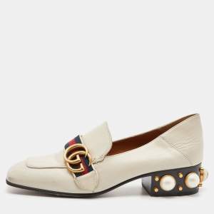 Pre Owned Gucci Off White Leather GG Marmont Pearl Collapsible Mid Heel Loafer Pumps Size 36