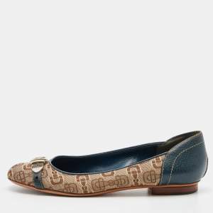 Gucci Beige/Blue Canvas and Leather Logo Embellished Ballet Flats Size 38