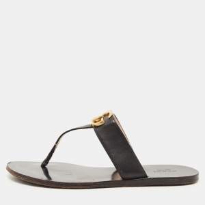 Pre Owned Gucci Black Leather GG Marmont Thong Flats Size 38