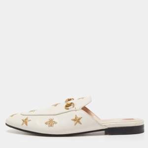 Pre Owned Gucci Cream Leather Bee and Star Embroidered Princetown Flat Mules Size 39.5