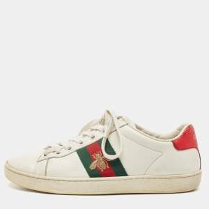 Gucci White Leather Web Detail Bee Embroidered Ace Low Top Sneakers Size 35