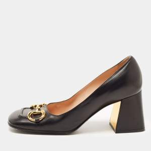 Gucci Black Leather Horsebit Block Heel Pumps Size 39.5
