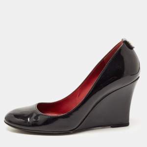 Pre Owned Gucci Black Patent Leather Wedge Round Toe Pumps Size 37