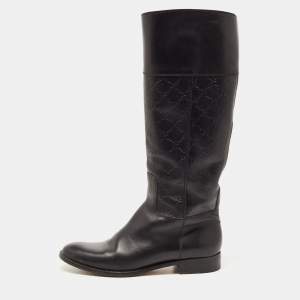 Pre Owned Gucci Black Guccissima Leather 85th Anniversary Knee Length Boots Size 39