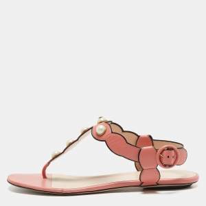 Gucci Pink Leather Pearl Embellished Willow Flat Sandals Size 39