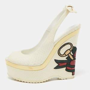 Gucci White Python Unicef Tattoo Slingback Wedge Sandals 36