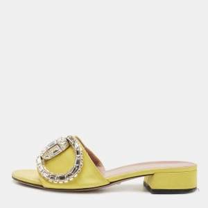 Gucci Yellow Satin Maxime Crystal Icon Bit Open Toe Slides Sandals Size 37
