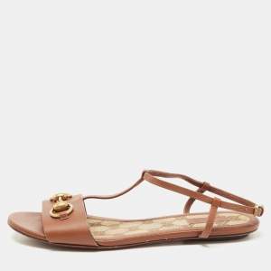 Gucci Brown Leather Horsebit Flat Sandals Size 36.5