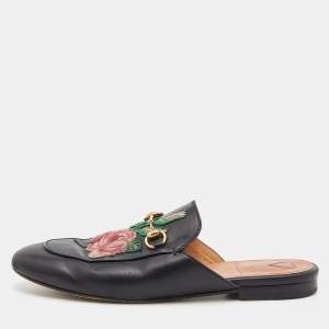 Pre Owned Gucci Black Leather Rose Embroidered Princetown Horsebit Flat Mules Size 40
