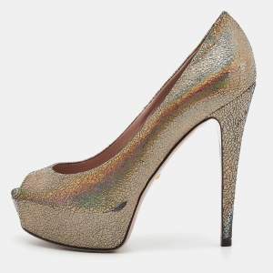 Gucci Metallic Nizza Laser Leather Peep Toe Platform Pumps Size 38