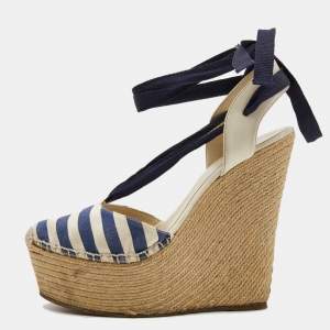 Gucci Navy Blue/White Striped Canvas and Leather Espadrille Wedge Ankle Tie Pumps Size 38
