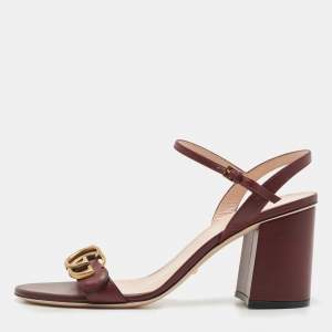 Gucci Burgundy Leather GG Marmont Block Heel Ankle Strap Sandals Size 40