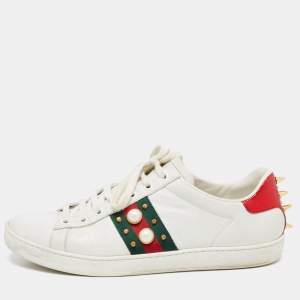 Gucci White Leather Faux Pearl and Spike Embellished Ace Sneakers Size 38.5