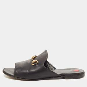 Gucci Black Leather Horsebit Flat Slides Size 38