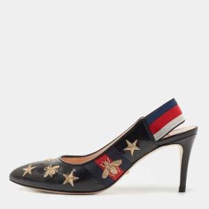 Pre Owned Gucci Black Bee Star Embroidered Leather Web Sylvie Slingback Pumps Size 36.5