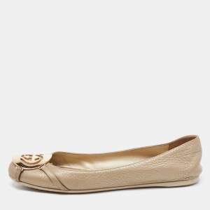 Pre Owned Gucci Metallic Leather Interlocking G Buckle Ballet Flats Size 37.5