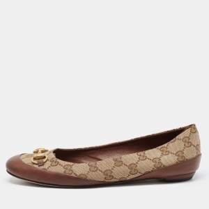 Pre Owned Gucci Brown/Beige GG Canvas and Leather Horsebit Ballet Flats Size 38
