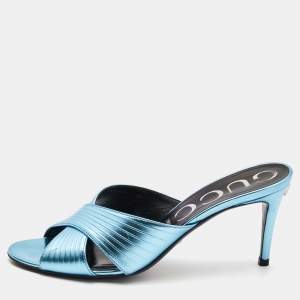 Gucci Metallic Leather Criss Cross Slide Sandals Size 38